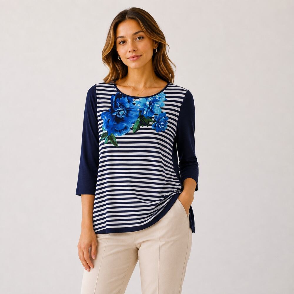 Susan Graver Liquid Knit Blouse Women's Size M Navy Striped Floral Office Casual